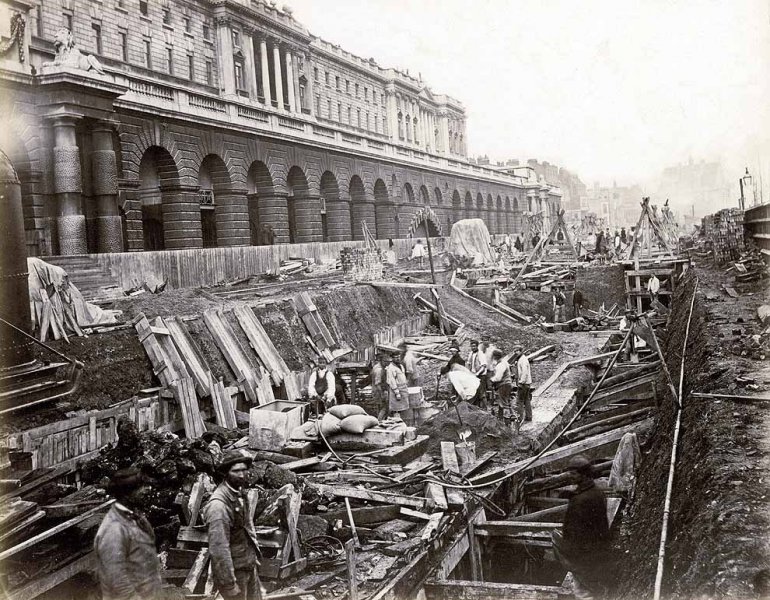 District Line construction outside Somerset House, 1869..jpg