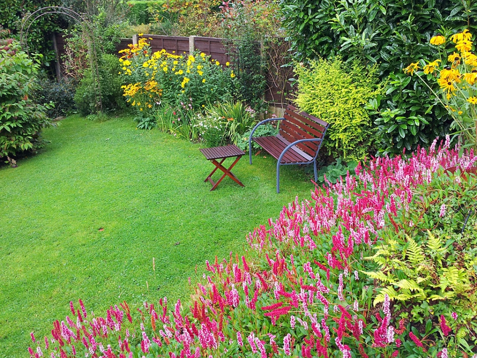 This is the view down the right-hand side of the garden from the patio in October. In the...