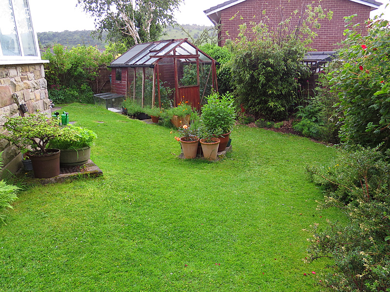 This is the view down to the left  side of the garden towards the greenhouse with a large Black...