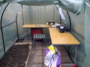 inside poly tunnel removable tables and raised bed